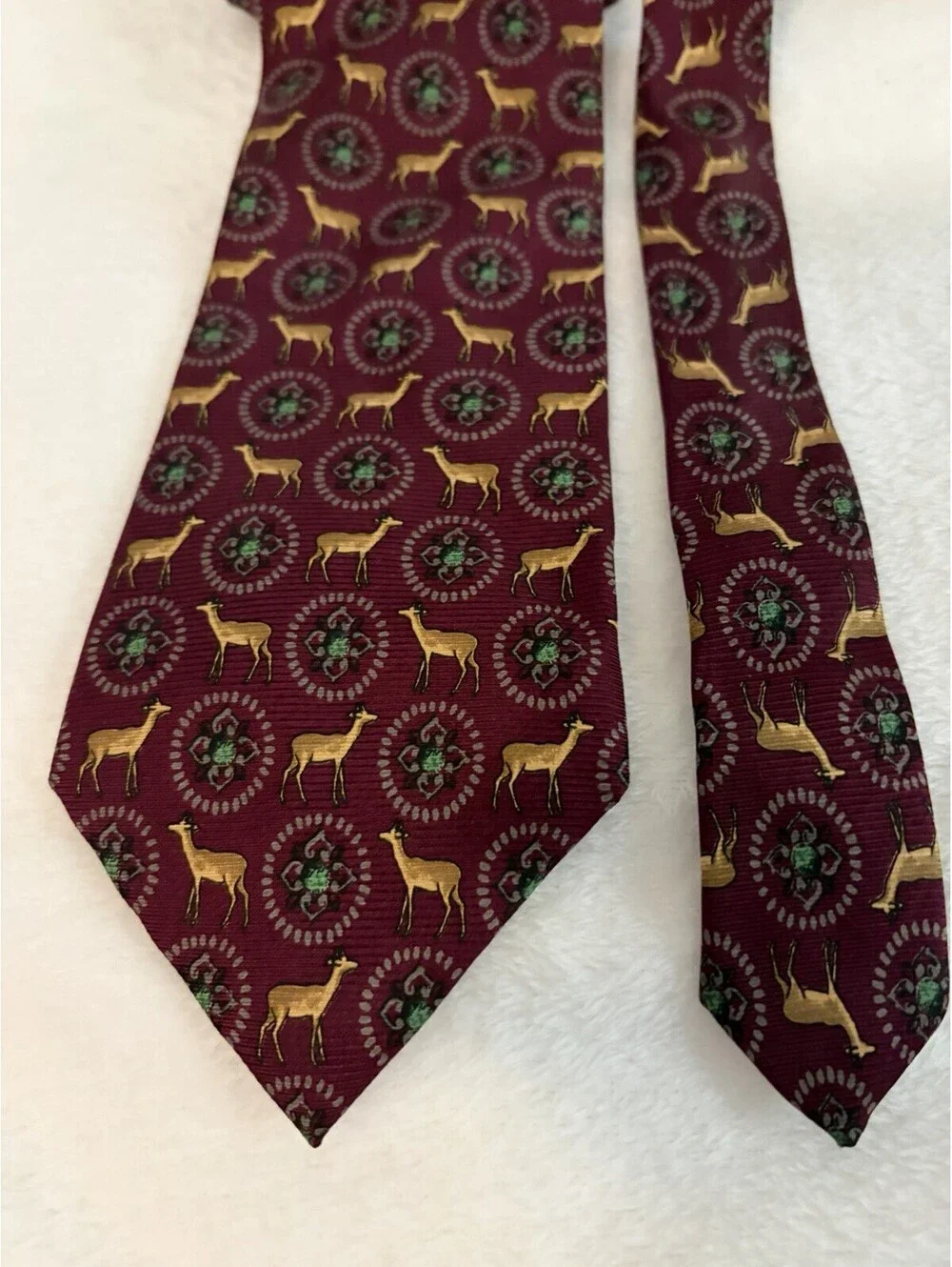 Vintage Christian Dior Monsieur 100% Silk Tie Burgandy Deer Stag Hunting